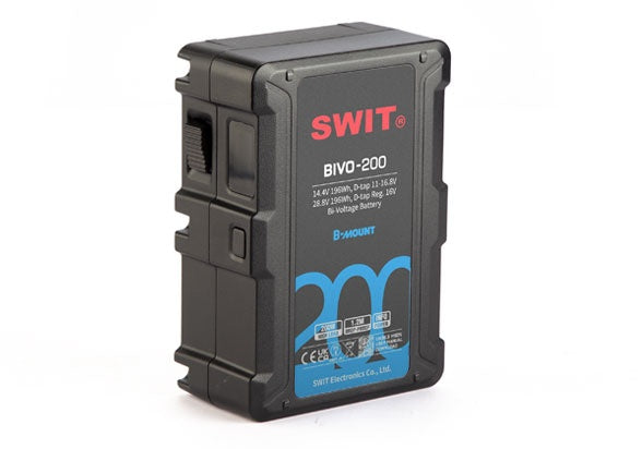 SWIT BIVO-200196Wh B-mount battery, 14.4/28.8V dual-voltage, 200W load, 2x D-tap, LED torch, OLED display, 1.2m drop-proof