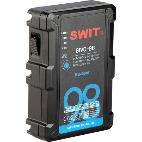 SWIT BIVO-9898Wh B-mount battery, 14.4/28.8V dual-voltage, 150W load, 2x D-tap, LED torch, 1.2m drop-proof