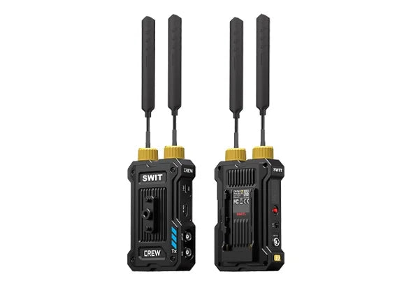 SWIT CREWWireless SDI/HDMI system, 1.2km range, USB-C capture, 32ms latency, supports multicasting to 4 receivers, NP-F/DC powered.