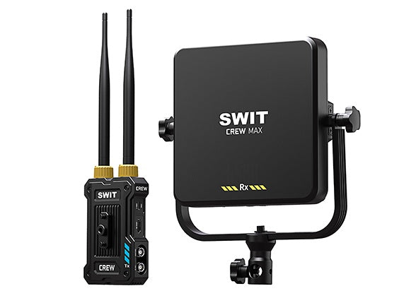 SWIT CREW MaxWireless SDI/HDMI system, 3km range, USB-C capture, 32ms latency, supports multicasting to 4 receivers, NP-F/DC powered.