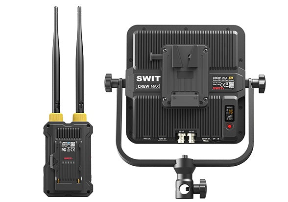 SWIT CREW MaxWireless SDI/HDMI system, 3km range, USB-C capture, 32ms latency, supports multicasting to 4 receivers, NP-F/DC powered.