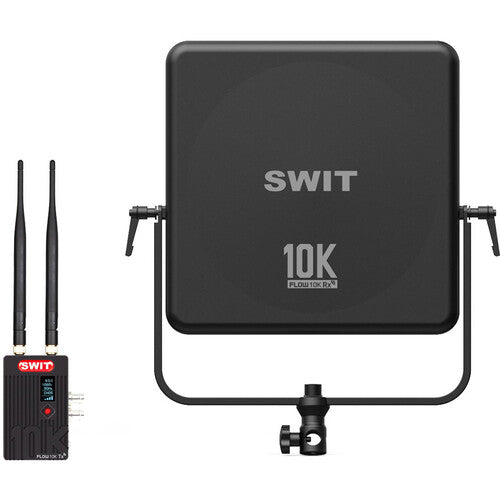 SWIT FLOW10K5.1–5.9GHz wireless SDI/HDMI, 3km range, panel antenna, 32ms latency, multicast, OLED, encryption, DFS, 22-pair support.