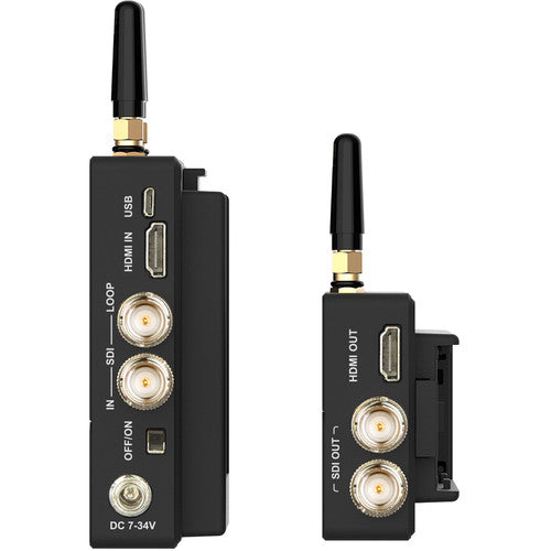 SWIT FLOW5005.1–5.9GHz wireless SDI/HDMI, 150m range, 32ms latency, multicast, OLED, encryption, DFS, color-accurate, 22-pair support.