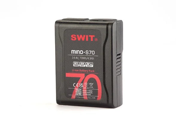 SWIT MINO-S7070Wh pocket V-mount battery, 100W/8A load, 1x D‑tap (also charge), USB-A, USB-C, LED display