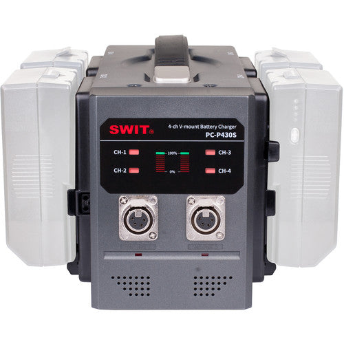 SWIT PC-P430S4-ch V-mount battery charger, 16. V, 3 A per channel, LED indicators, XLR DC output