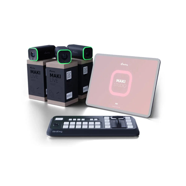 BirdDog Maki Live CS Bundle, three Maki Live cameras and Control Surface