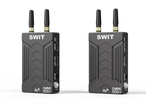 SWIT CURVE500+5.1–5.9GHz wireless HDMI system, 150m range, USB capture, DFS compliant, encrypted, multi-pair support.