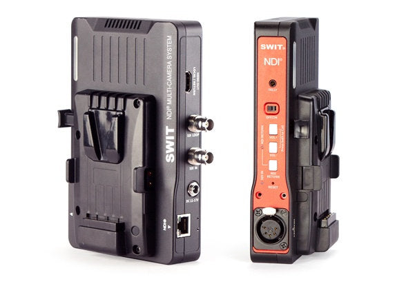 SWIT EC-N200NDI® encoder/decoder with SDI/HDMI, intercom, TALLY, PoE, 15mm rod mount, and camera power via D-tap or Pole-tap.