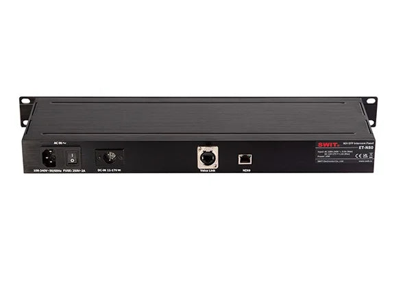 SWIT ET-N80NDI® intercom panel with LAN, headset/mic I/O, 3rd-party integration, camera binding, web config, and 1RU rack mount.