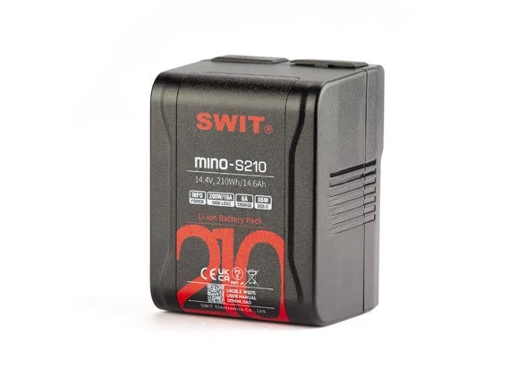 SWIT MINO-S210210Wh pocket V-mount battery, 200W/16A load, 1x D‑tap, USB-A, USB-C input/output, LED display